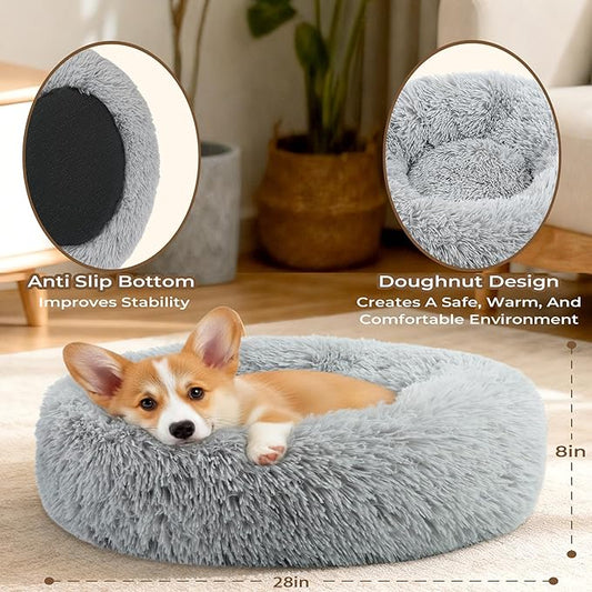 Calming Anti-Anxiety Donuts Dog and Cat Bed for Indoor Cats, Round Fluffy Soft Washable Large Pet Bed for Puppy and Kitten, Warming Comfortable Luxury Anti-Slip Waterproof Mute Base 28in Gray