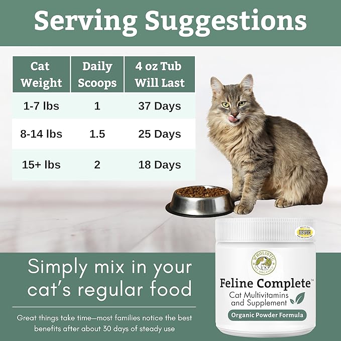 Wholistic Pet Organics Feline Complete - 4 Oz - Multivitamin & Probiotic Powder for Cats - Natural Cat Food & Digestive Support - 37 Scoops