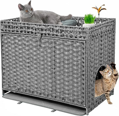Cat Litter Box Enclosure Furniture Hidden, Pet House Litter Box Furniture for Large Cats, Handwoven Rattan with Door Cat Washroom Box, Indoor Cat House Storage with Soft Litter Mat, Grey