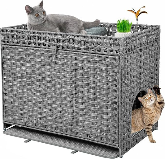 Cat Litter Box Enclosure Furniture Hidden, Pet House Litter Box Furniture for Large Cats, Handwoven Rattan with Door Cat Washroom Box, Indoor Cat House Storage with Soft Litter Mat, Grey