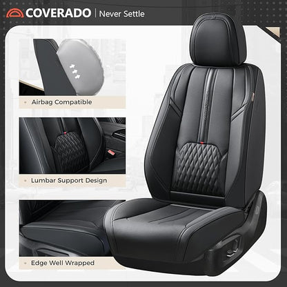 Coverado Front Seat Covers, 2-Pack Luxury Leather Seat Cover with Lumbar Support, Black Seat Covers for Cars, Waterproof Car Seat Protectors, Driver Car Seat Cushions Universal Fit for Most Vehicles