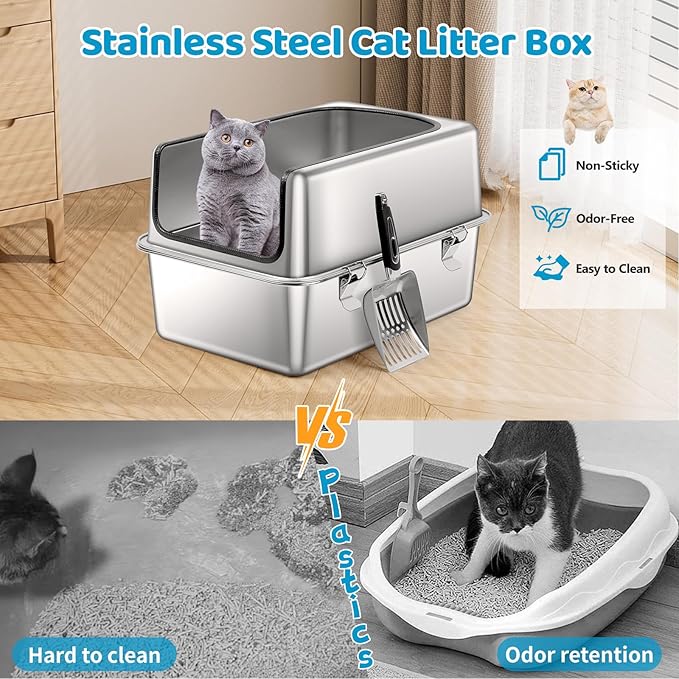 Stainless Steel Cat Litter Box, 19.7" L x 13.8" W x 11.8" H Large Semi Enclosed Removable Metal Litter Tray with High Sided Enclosure, Scoop, Anti-Leakage, Non-Sticky, Easy Cleaning