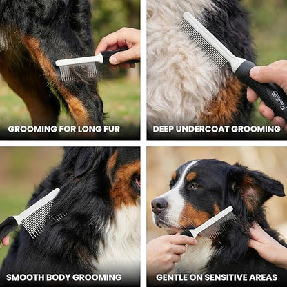 POODLIE Poodle Pet Dog Combs for Grooming Matting - Metal Comb for Dogs with Long & Short Stainless Steel Teeth - Dematting Comb for Cats to Remove Matted Hair & Knots, Black