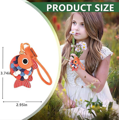 Leather Keychain Holder Case Compatible with AirTag,Cute Protective Cover with Keyring and Lanyard,Anti-Scratch Finder GPS Tracker Case for Wallet Keys,Bag,Pets,Backpack(Red Fish)