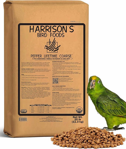 Harrison's Bird Foods Pepper Lifetime Coarse Certified Organic Non-GMO, Daily Pet Bird Food for Medium & Large Birds- Spicy Maintenance Formula for Parrots, Pinous, Eclectus, Macaws etc, 11.3kg / 25lb