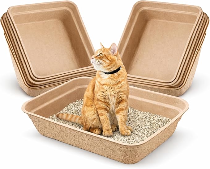 Disposable Cat Litter Box 6 Pack – Eco-Friendly Kitty Litter Box, 100% Biodegradable Paper Pulp, Leak-Proof Disposable Travel Litter Boxes for Cats, Cat Tray 18"x13"x4"