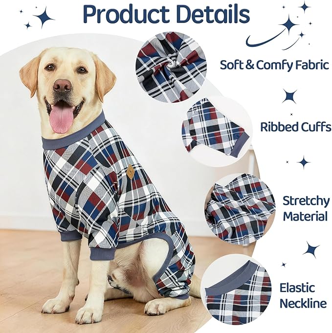 XPUDAC 4 Pack Dog Pajamas for Large Dogs Cats Plaid Doggie Clothes Puppy Onesies Christmas Pajamas Jumpsuits Pet Pjs Shirt Apparel 5X-Large, Red Green Beige Grey