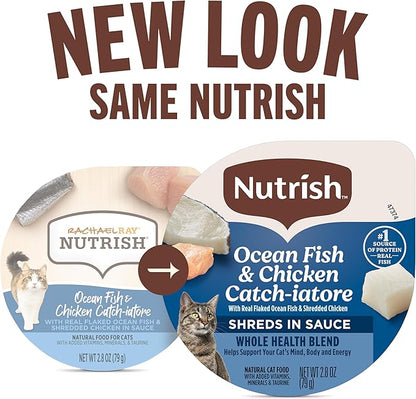 Nutrish Grain Free Wet Cat Food Ocean Fish & Chicken Catch-iatore Whole Health Blend with Real Flaked Ocean Fish & Shredded Chicken in Sauce, 2.8 oz. Cup (Rachael Ray) (Pack of 24)