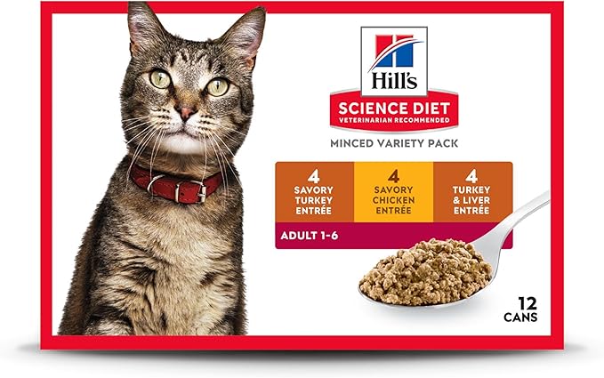 Hill's Science Diet Adult 1-6 Wet Cat Food Variety Pack, Savory Entrée Turkey & Liver, Chicken, and Turkey, 5.5 oz. Cans, 12-Pack