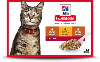 Hill's Science Diet Adult 1-6 Wet Cat Food Variety Pack, Savory Entrée Turkey & Liver, Chicken, and Turkey, 5.5 oz. Cans, 12-Pack