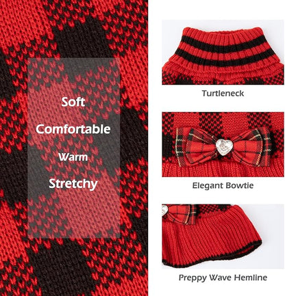 KYEESE Christmas Dog Sweater Dress for Medium Dogs with Leash Hole Classi Checkered Pet Sweaters Dog Christmas Outfit with BowtieTurtleneck Dogs Apparel for Winter, XXXL