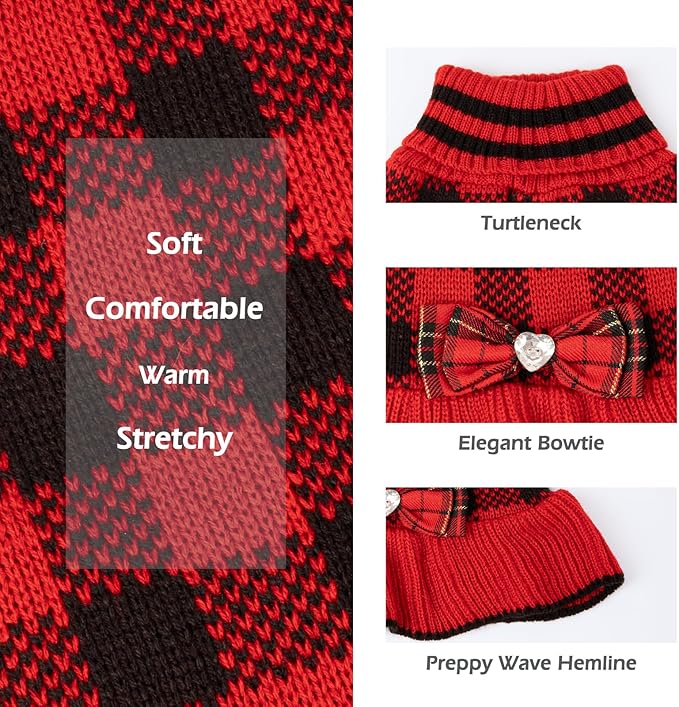 KYEESE Dog Christmas Sweater Dress with Bowtie Checkered, Turtleneck Dog Sweater for Small Dogs Girl with Leash Hole, Holiday Warm Pet Sweaters Dress, Red, Small