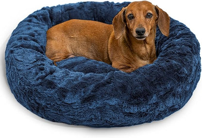 Best Friends by Sheri The Original Calming Donut Dog Bed for Small Dogs up to 25 lbs, Lux Faux Fur, Navy Blue, 23" x 23"