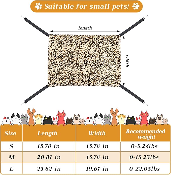 Jetec 2 Pieces Reversible Cat Hanging Hammock Soft Breathable Pet Cage Hammock with Adjustable Straps and Metal Hooks Double Sided Hanging Bed for Small Dogs Rabbits(Leopard and Dot,M)