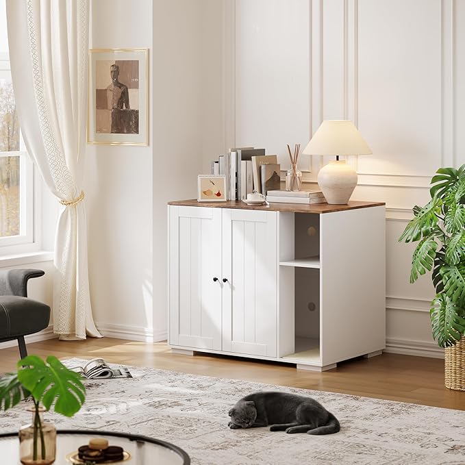 Garvee Dog-Proof Large Cat Litter Box Enclosure with Scratch Pad, Large Automatic Litter Box Furniture for Placing Self-Cleaning Litter Box,Litter Cabinet with Outlet,Space for Cat Stuffs