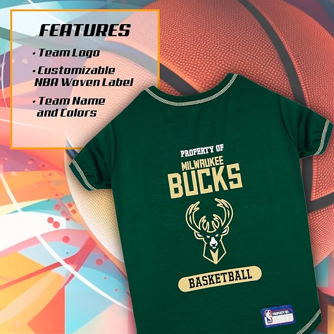 Pets First Cute Dog T-Shirt, Medium - NBA Milwaukee Bucks Dog & Cat Shirt with Basketbal Team Logo. A Comfortable & Fashionable Yet Durable Pet Outfit, Sporty Dog Shirt