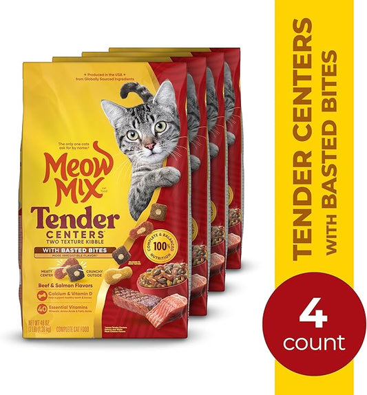 Meow Mix Tender Centers Dry Cat Food with Basted Bites, Beef & Salmon Flavors, 3 Pound Bag (Case of 4)