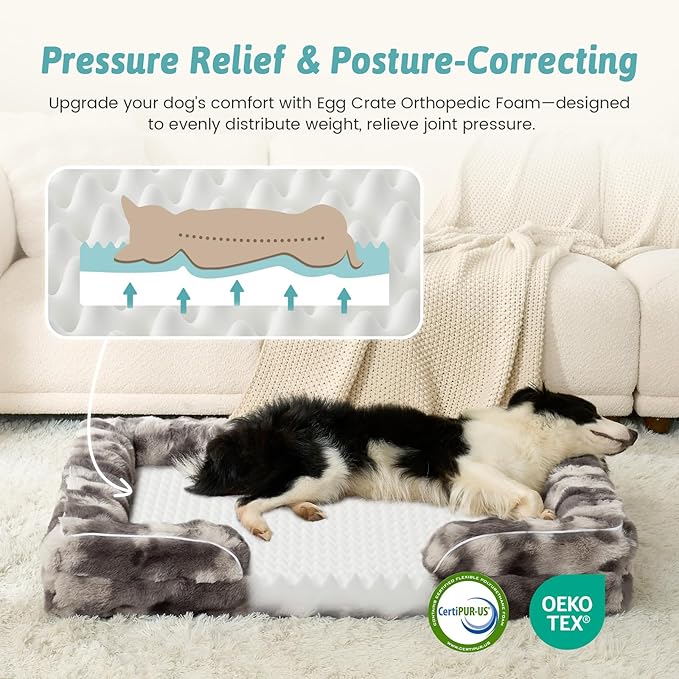 COZY KISS Orthopedic Dog Bed for Extra Large Dog 44x32 inch, XL Faux Fur Pet Sofa, Bolster Foam Bed with Sides, Non-Slip and Egg-Crate Big Dog Couch Bed with Washable Removable Cover, Tie Dye Grey
