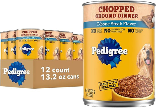 Pedigree Chopped Ground Dinner Adult Soft Wet Dog Food with T-Bone Steak Dinner, Canned Dog Food, 13.2 oz. Cans, 12 Count