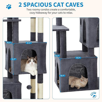 GarveeLife 61" Multi-Level Cat Tree for Indoor Cats, Heavy-Duty Tower for Large Adult & Maine Coon Cats with Oversized Perch, Dual Condos, Natural Sisal Scratching Posts & Play Toys – Dark Gray
