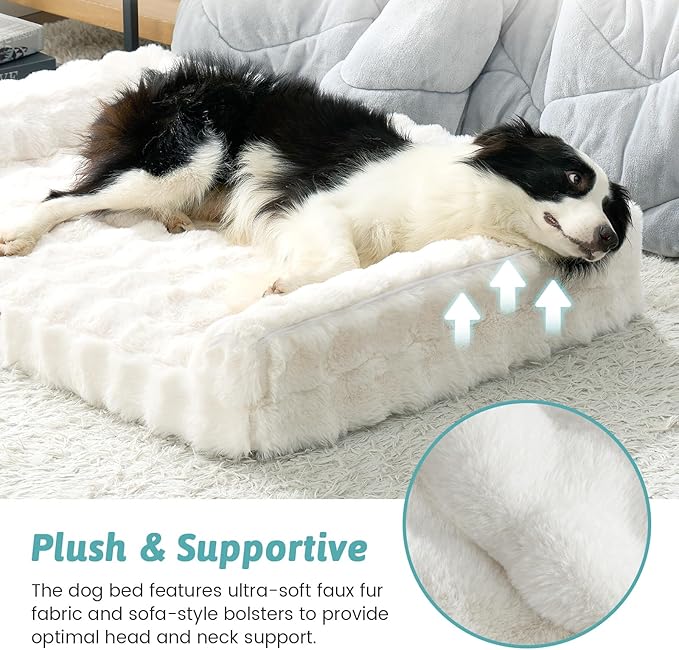 COZY KISS Faux Rabbit Fur Orthopedic Dog Bed, Large Dog Bed, Supportive Foam Pet Sofa with Waterproof Lining Cover, Washable U-Shaped Pet Couch with Anti-Slip Bottom Design, Beige XL 42x30x7 inch