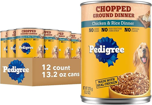 Pedigree Chopped Ground Dinner Adult Soft Wet Dog Food Chicken & Rice Dinner, Canned Dog Food, 13.2 oz. Cans, 12 Count