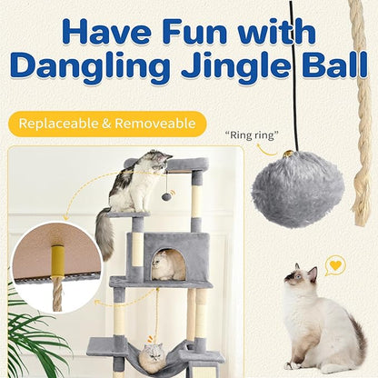 ABCPET Cat Tree Tower 63in Multi-Level Cat Tower for Indoor Cats with Sisal Scratching Posts, Condo, Hammock, Dangling Ball and Extended Platform for Cats to Play, Light Grey