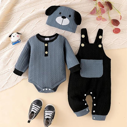 FOCUTEBB Baby Boy Clothes Cute Long Sleeve Romper Infant Pocket Overalls Adjustable Suspender Pants Set 0-18 Months