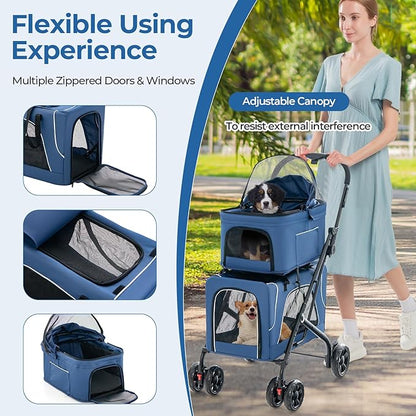 Pet Stroller with Detachable Carriers, Adjustable Cat Stroller for Small & Medium Pets, 4-in-1 Cat Carriers with Safety Belt and Lockable Wheels, Navy Blue