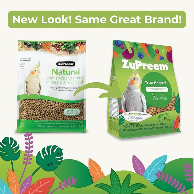 ZuPreem Natural Bird Pellets, Daily Bird Food for Cockatiel, Lovebird, Quaker, Small Conure, Lorikeet, Core Nutrition for Medium Birds, Added Vitamins, Cockatiel Pellets (M, 2.5 lbs)