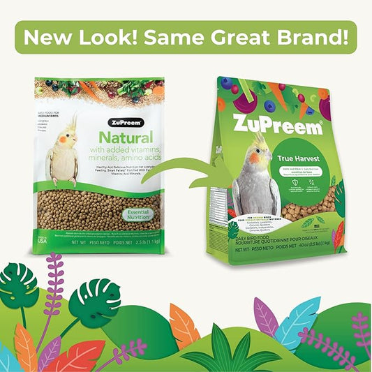 ZuPreem Natural Bird Pellets, Daily Bird Food for Cockatiel, Lovebird, Quaker, Small Conure, Lorikeet, Core Nutrition for Medium Birds, Added Vitamins, Cockatiel Pellets (M, 2.5 lbs)