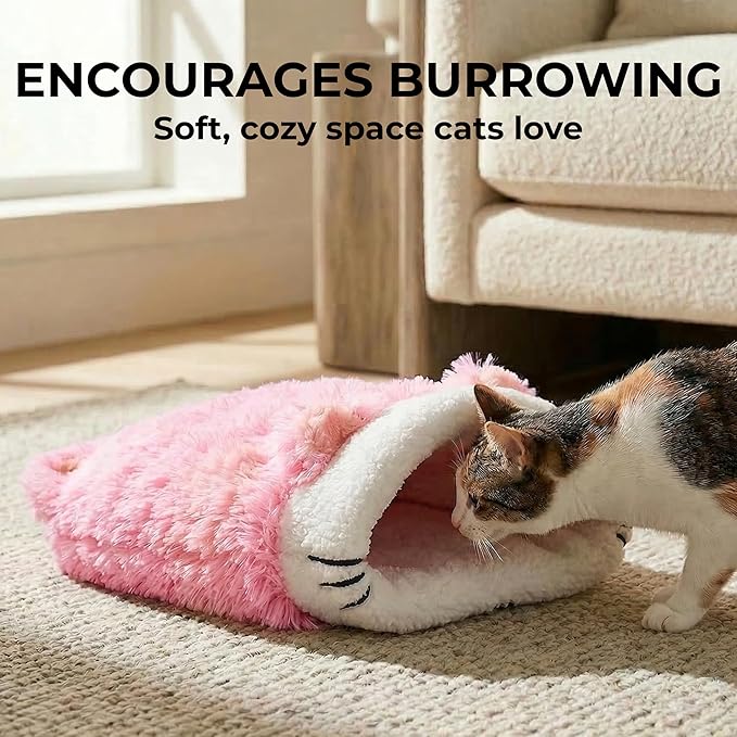Dollie & Freddie Cat Sack Bed – Cozy Self-Warming Cat Sleeping Bag for Indoor Cats, 2-in-1 Burrow or Lounge Design, Soft Burrow Bed with Wide Opening, Fluffy Bed for Cats