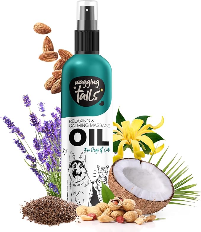 Wagging Tails 4-in-1 Relaxing & Calming Massage Oil for Dogs and Cats, 6.76 fl oz | Natural Grooming Formula | Enhances Coat Shine & Softness, Soothes Itching, Promotes Relaxation