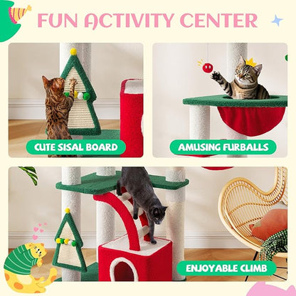 SHA CERLIN 67in Tall Cat Tree/Climbing Tower with Top Perch, Hammock, Sisal Scratching Posts/Cute Condo for Indoor Kitties/Pet Feline House/Activity Center/Christmas Decor/Green & Red