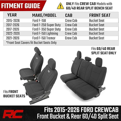 Rough Country Neoprene Front & Rear Seat Covers for Ford F-150, Lightning, F-250 & F-350 (2015-2026) Crew Cab w/Front Bucket Seats & Rear 60/40 Split