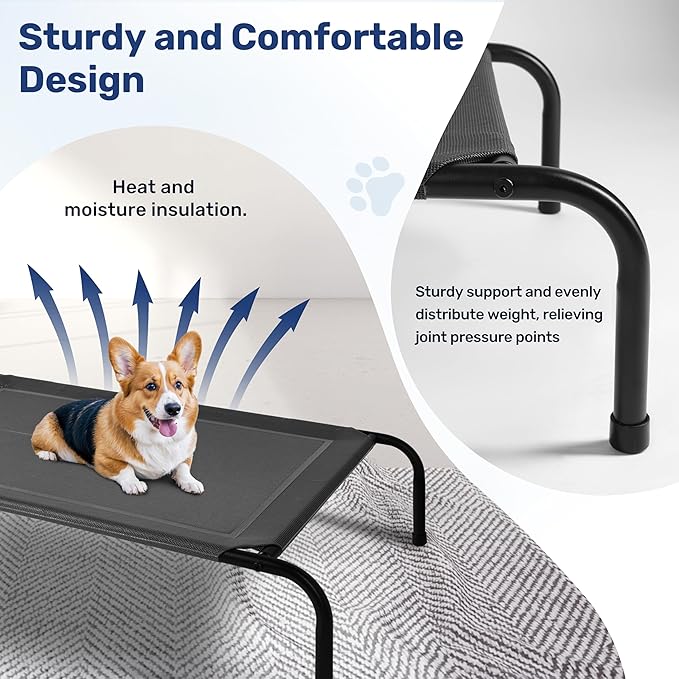 YSSOA Cooling Breathable Elevated Dog Bed, No-Slip Feet, Metal Frame, Indoor and Outdoor, Large Dogs, 60x37x9 Inch, Black