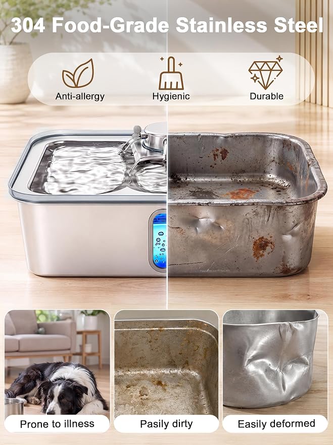 Kastty 17L/4.5Gal Stainless Steel Dog Water Fountain for Large Dogs | Large Capacity Pet Water Fountain,Quiet Automatic Dog Water Bowl Dispenser with LED Light, Easy to Clean for Multi-Pet FS84