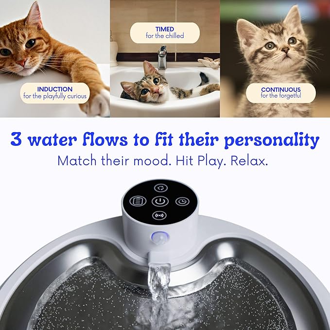 KAER Wireless Cat Water Fountain, 2.8L, Battery Operated, BPA-Free, Stainless Steel, Ultra-Quiet Pet Fountain with 3 Water Flows & Smart Motion Sensor, Aesthetic Bowl, 5-Layer Filtration, 4000mAh