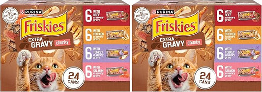 Friskies Purina Extra Gravy Wet Cat Food Chunky Variety Pack (with Chicken,Turkey,Salmon,Beef) - 5.5 oz. Cans,(Pack of 48)