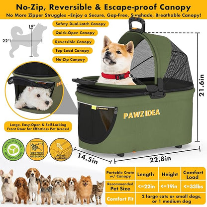 PAWZIDEA Pet Stroller 4 in 1, Foldable Cat Stroller with Detachable Carrier for Small Medium Dogs & Cats, Escape-Proof No-Zip Canopy, Lightweight Portable Travel Crate & Car Seat Combo, Storage Basket