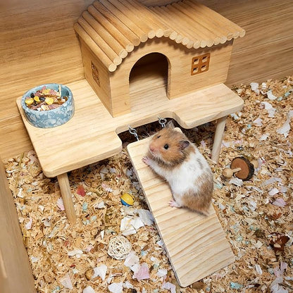 Wooden Hamster Platform with Ladder Rat Climbing Activity Playground Platform Cage Accessories Decor for Dwarf Syrian Hamster Gerbil Rat Mice (Middle)