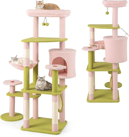 PETSITE 58-inch Flower Cat Tree, Multi-Level Cat Tower with Sisal Scratching Posts and Board, Cat Condo, Side Basket, and Dangling Balls, Cute Pink Cat Tree Tower for Indoor Cats