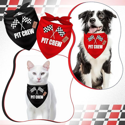 JarThenaAMCS 2Pcs Race Car Pit Crew Dog Bandana Red Black Race Checkered Flag Triangle Pet Scarf Adjustable Pet Neckerchief for Sports Dog Birthday Costume Accessories