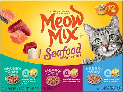 Meow Mix Seafood Favorites Chunks in Gravy Wet Cat Food Variety Pack, 2.75 Ounce (Pack of 12)