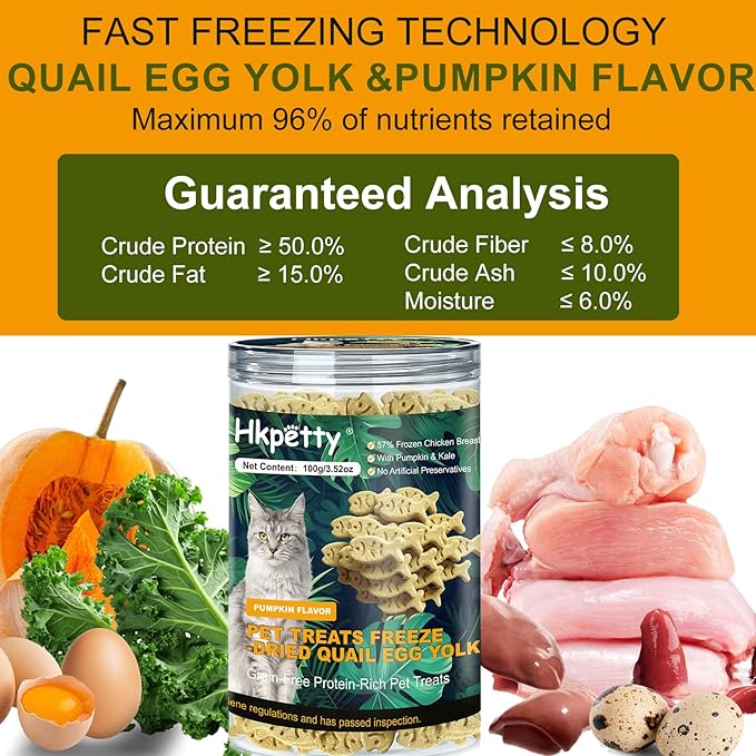Dehydrated Cat and Dog Food Quail Egg Yolk & Pumpkin Flavor Grain Free High Protein 57% Frozen Chicken Breast, Healthy Tasty Snacks for Cats Dogs Training,Wholesome and Delicious Dog Food for Pets