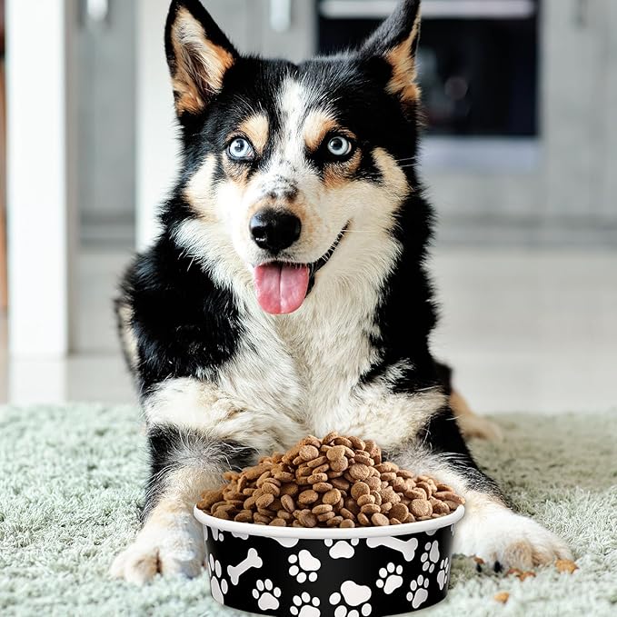 Whaline 50Pcs Pet Disposable Feeding Bowls Black White Paper Dog Bowls Small Dog Dish 16oz 2 Cup Pet Food Bowls Serving Food Tray for Puppy Cat Travel Wet Dry Food Water