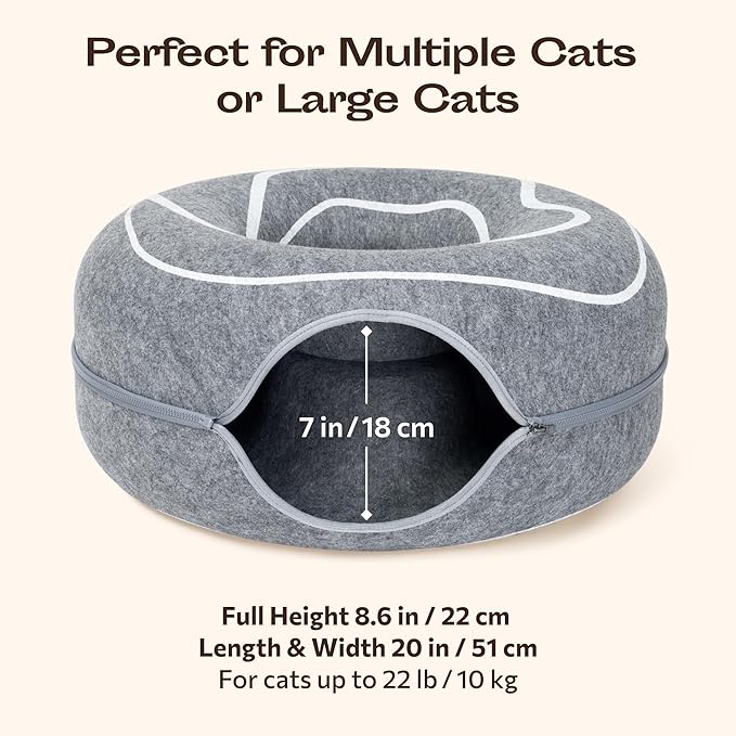 Meowfia Scratch-Resistant Felt Cat Cave – Donut Tunnel Bed Enclosure for Indoor Cats – Multi-Cat Hideaway in Cute Patterns (Light Grey)