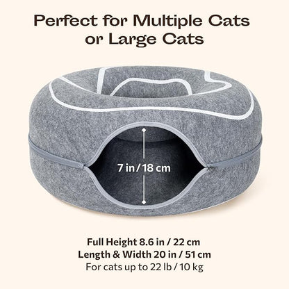 Meowfia Scratch-Resistant Felt Cat Cave – Donut Tunnel Bed Enclosure for Indoor Cats – Multi-Cat Hideaway in Cute Patterns (Light Grey)
