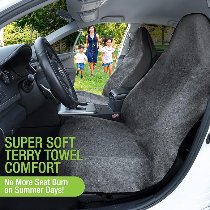 Season Guard Terry Cloth Sweat Towel Seat Cover; Carseat Towel Protector; Great for Gym Workout; Waterproof; Universal Fit for Car SUV Van Truck; EZ fit; Non Slip Grip; Machine Washable; 1pc Grey