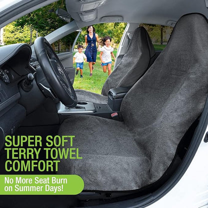 Season Guard Terry Cloth Sweat Towel Seat Cover; Carseat Towel Protector; Great for Gym Workout; Waterproof; Universal Fit for Car SUV Van Truck; EZ fit; Non Slip Grip; Machine Washable; 2pc Grey